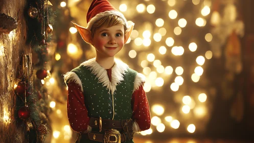 Smiling Christmas elf child glows in warm festive lights