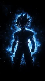 Electric warrior silhouette wrapped in cosmic blue power.