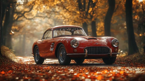 Vintage red sports car glows along a golden autumn lane