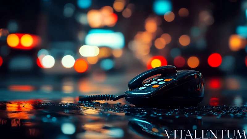Rain-slicked street cradles a lonely phone in neon hush