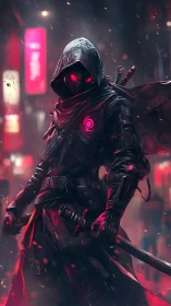 Neon-eyed street wraith stalks through rainlit cyber alleyways