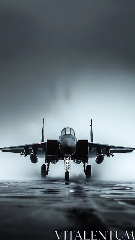 Powerful fighter jet waits on a misty runway in silence