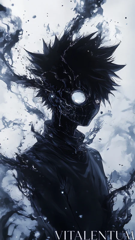 Dark liquid humanoid figure with glowing eyes in motion.