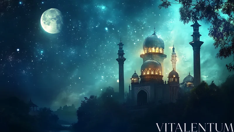 Illuminated domed palace under dense star field at night.