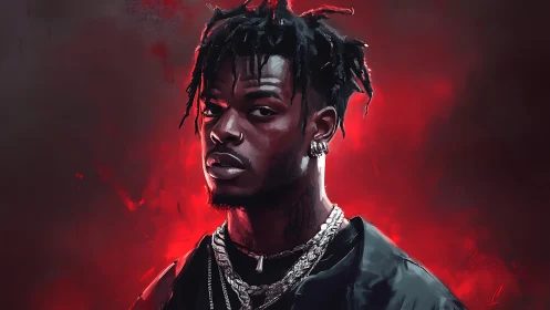 Chromatic portrait of chained figure in red atmospheric glow.