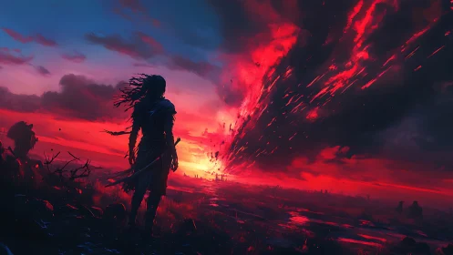 Silhouetted figure observing red energy storm at horizon line.