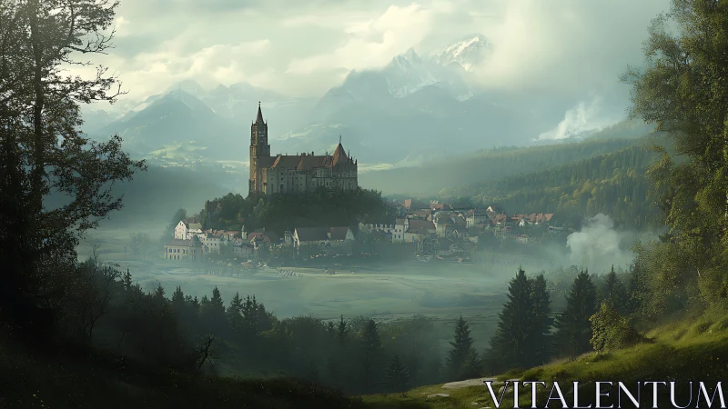 Misty mountain castle above valley town at sunrise.