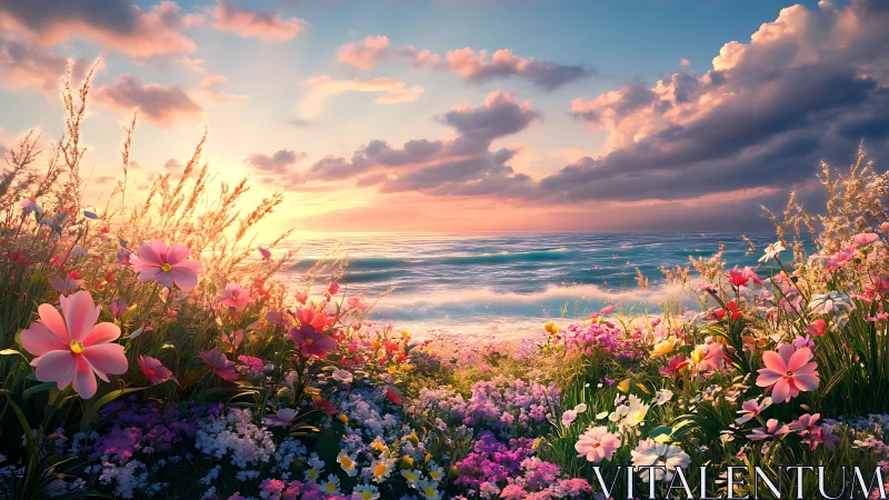 Coastal Landscape with Flowering Meadow and Sunset Sky.