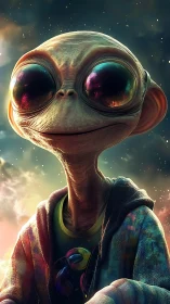 Stylized alien portrait gazes upward in glowing nebula sky