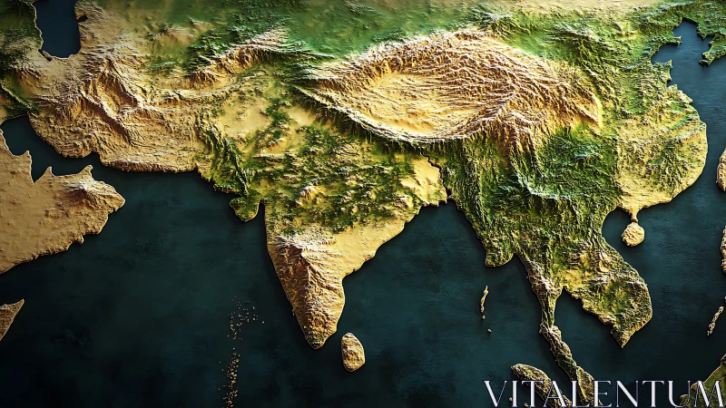 Textured map of Asia glowing with rich land and sea colors.