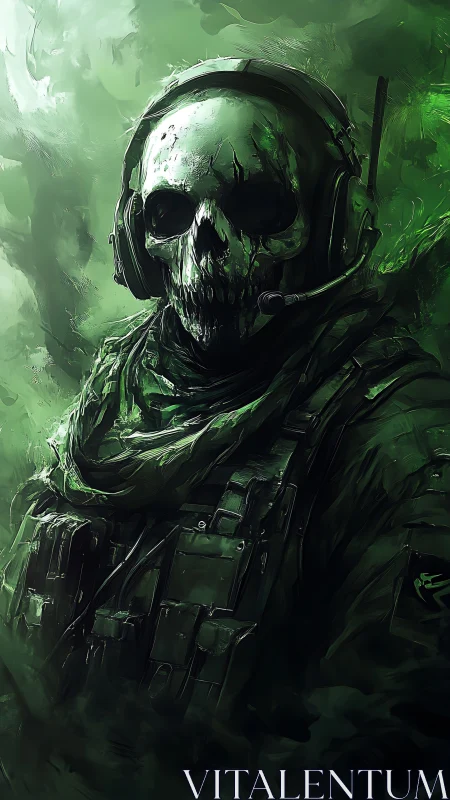 Skull masked tactical soldier with headset in green mist.