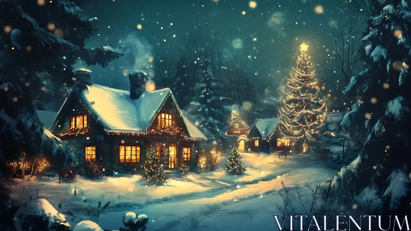 Snow-covered cabins and illuminated trees occupy a winter night