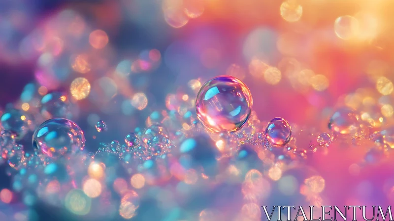 Macro photograph shows iridescent water droplets on surface