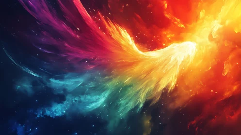 Celestial rainbow phoenix emerging from vibrant cosmic fire.