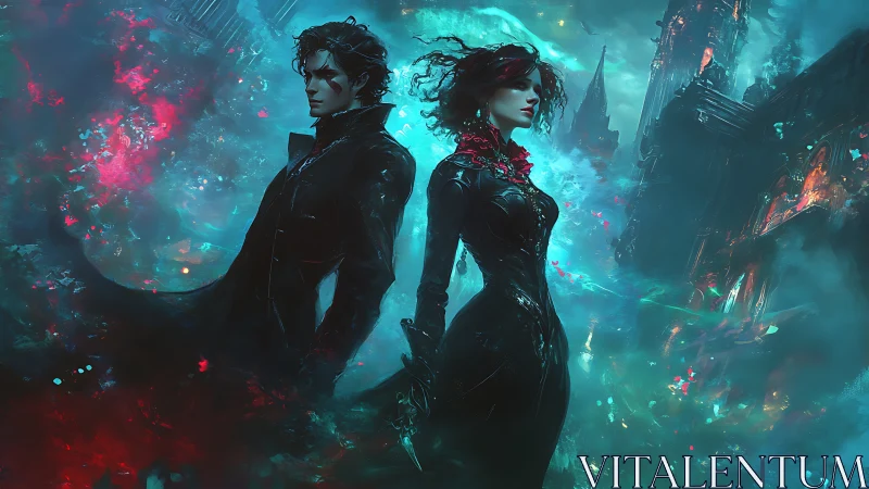 Two gothic figures stand defiant in a neon stormed city