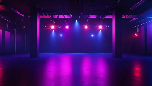 Neon-lit empty club floor glows with immersive magenta and blue