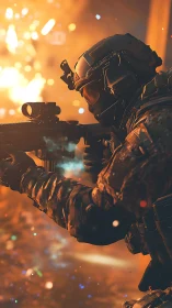 Tactical soldier scopes rifle amid blazing urban explosion.
