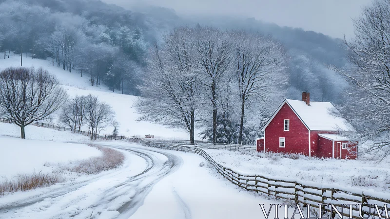 Red farmhouse stands beside snowy curved road in winter