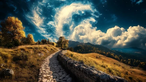 Stone path through golden hills under swirling cosmos.
