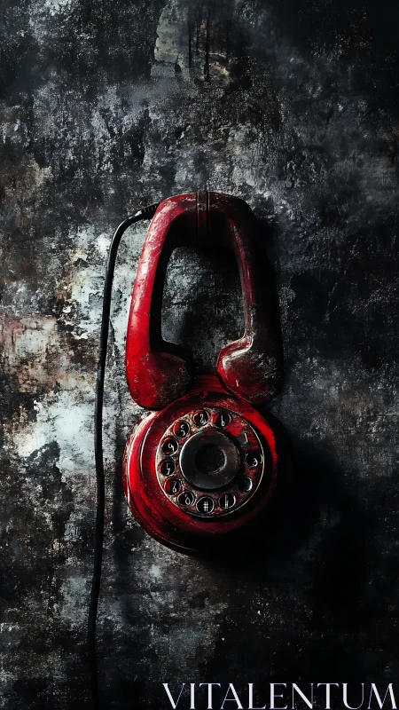 Red rotary wall telephone on distressed textured surface.