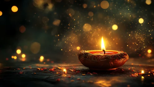 Clay oil lamp with single flame on dark surface at night.