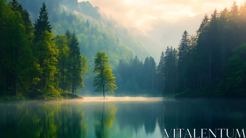 Mist-kissed forest lake cradling a lone glowing tree at dawn.