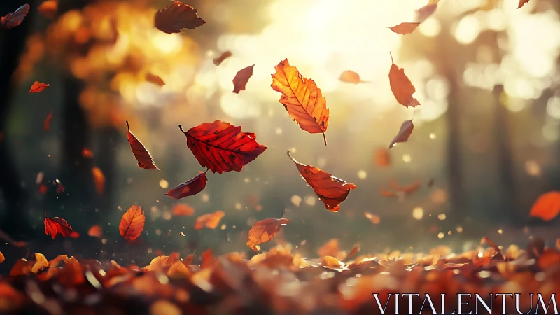 Whirling autumn leaves dance through honeyed forest light.