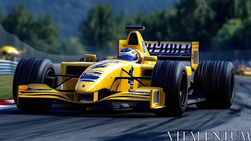 Yellow formula racer carving through a sunlit fast corner.