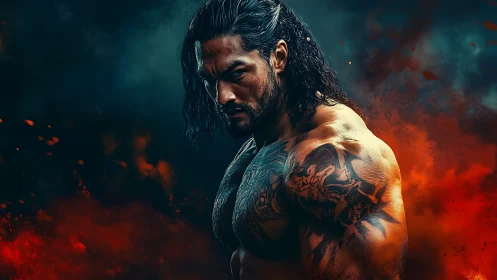 Digital painting of tattooed warrior against fiery abstract field.