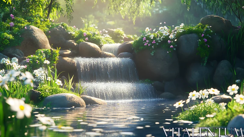 Luminous garden waterfall with florals and sunlit stones.
