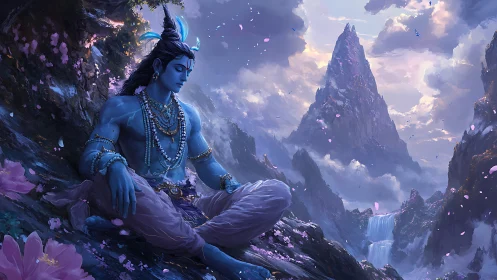 Blue-skinned deity meditates by Himalayan waterfalls at dusk