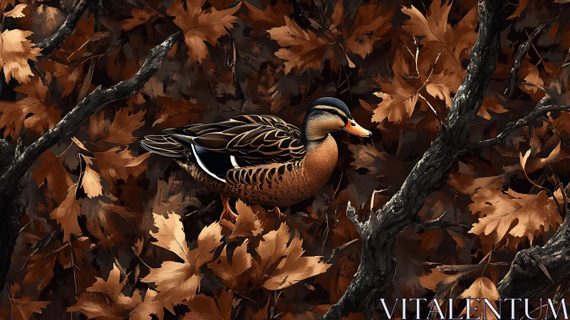 Autumn's Patterned Friend: A Duck Among the Leaves.