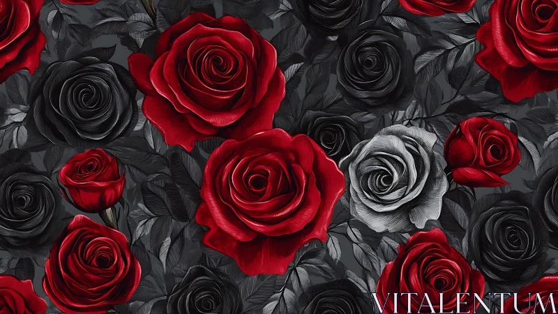 Red and Black Roses Floral Composition. Digital Still Life.