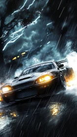 Nightstorm racer car powers through rain and crackling lightning