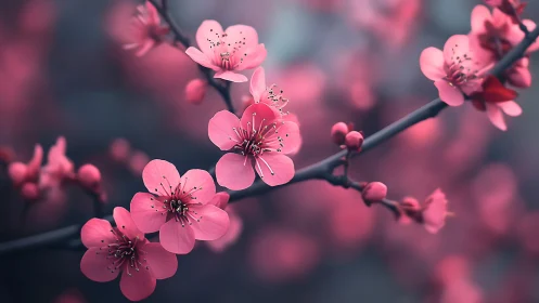 Pink Cherry Blossoms on Dark Branches: Macro Botanical Study.