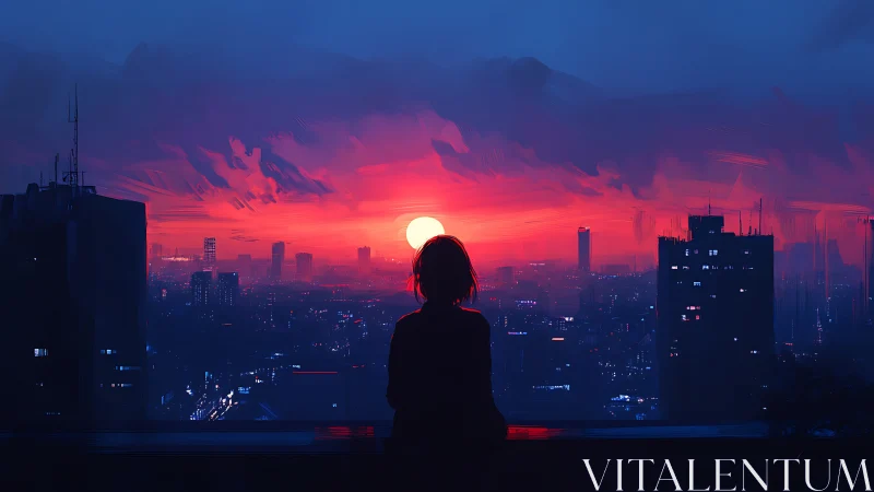 Solitary silhouette over neon dusk city skyline.