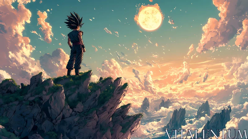 Sky warrior pausing atop storm-carved cliffs at molten moonrise.