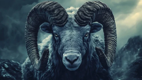 Stormlit ram portrait with massive curling horns.