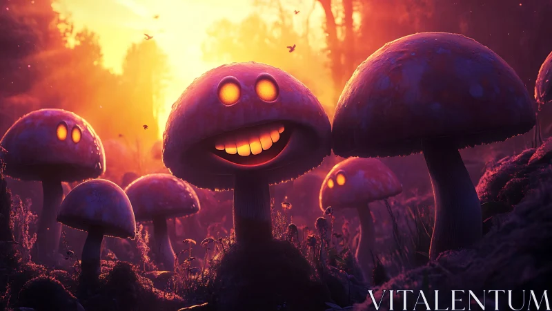 Glowing grinning mushrooms light a surreal twilight forest
