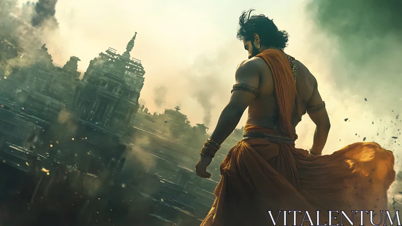 Warrior overlooking smoky ancient city in golden dusk.