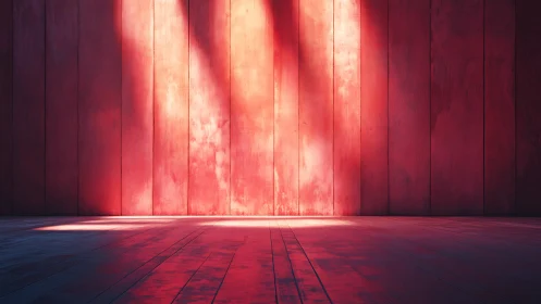 Sunlit red wooden wall casts bold shadows across floor.