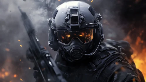 Armored soldier strides forward through glowing battlefield fire