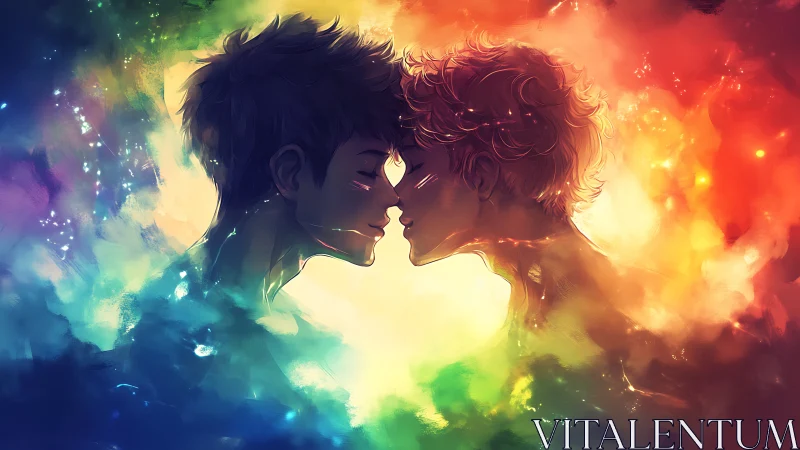 Two Male Figures in Profile Against Radiant Colorful Light