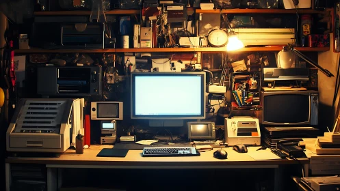 Computer workstation is surrounded by mixed vintage hardware