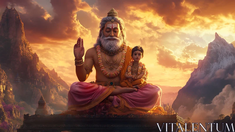 Seated bearded sage with child before mountainous sunset sky.