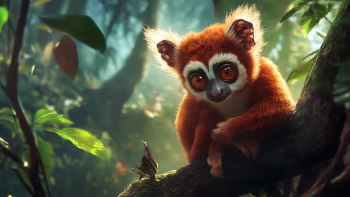 Gentle forest lemur and tiny bird sharing a quiet secret.