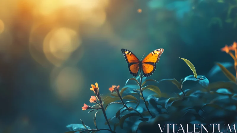 Macro nocturnal bokeh study of orange butterfly on foliage.