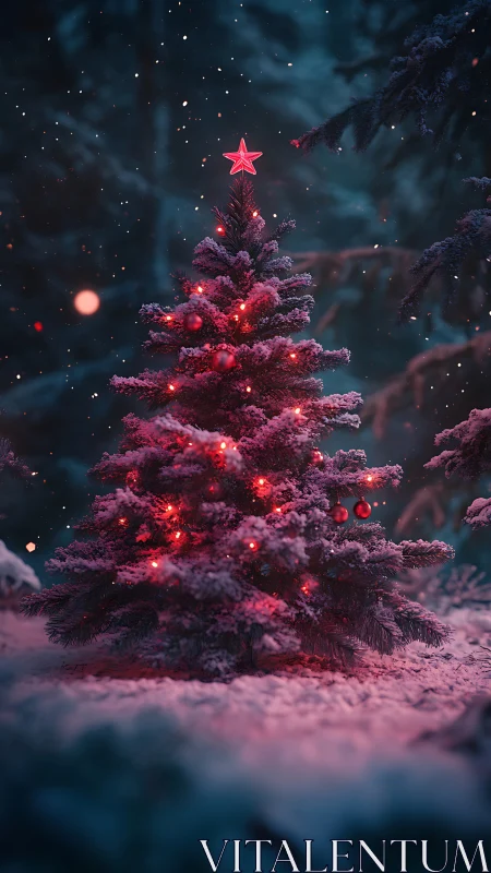 Snowy Christmas tree glows softly under a winter night sky