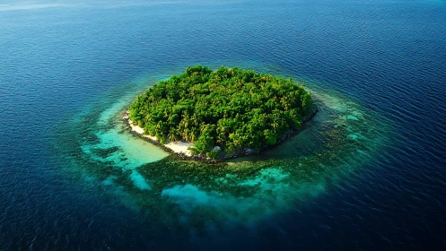 Tropical island surrounded by turquoise water and coral reef