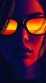 Sunset reflections glow across bold neon sunglasses and skin